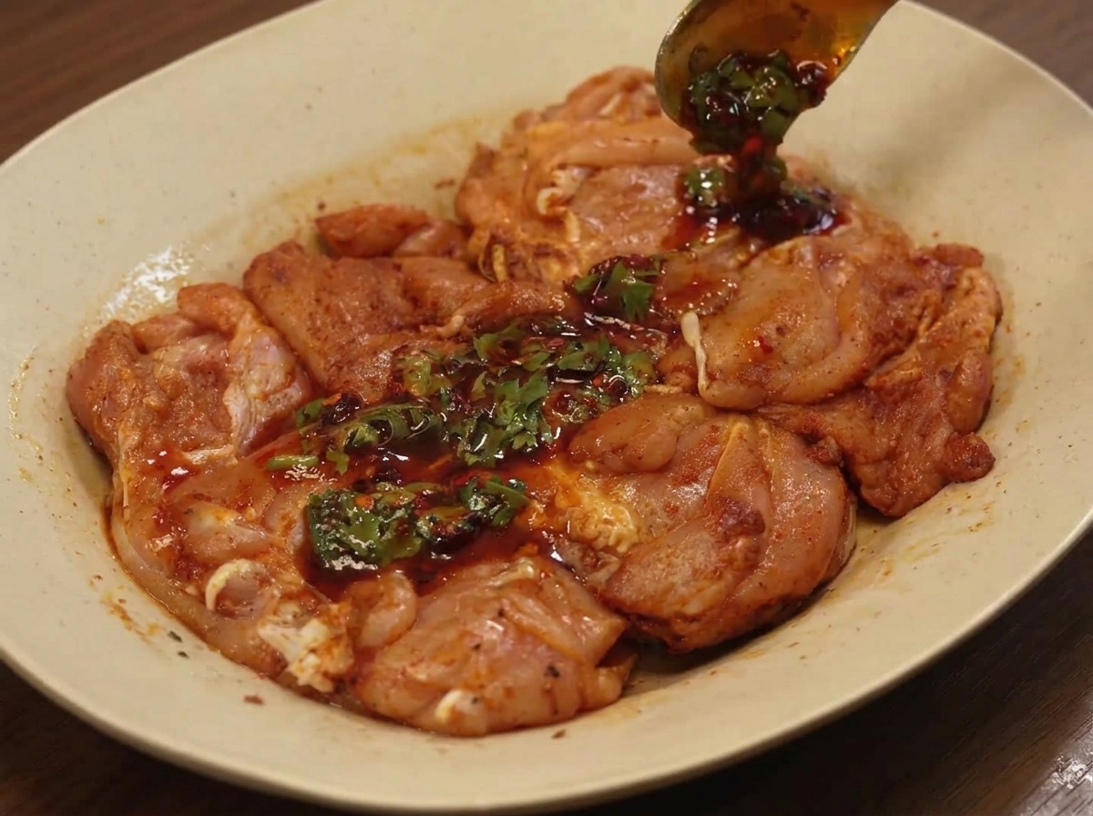 Marinade versée à la cuillère sur des hauts de cuisse de poulet épicés.