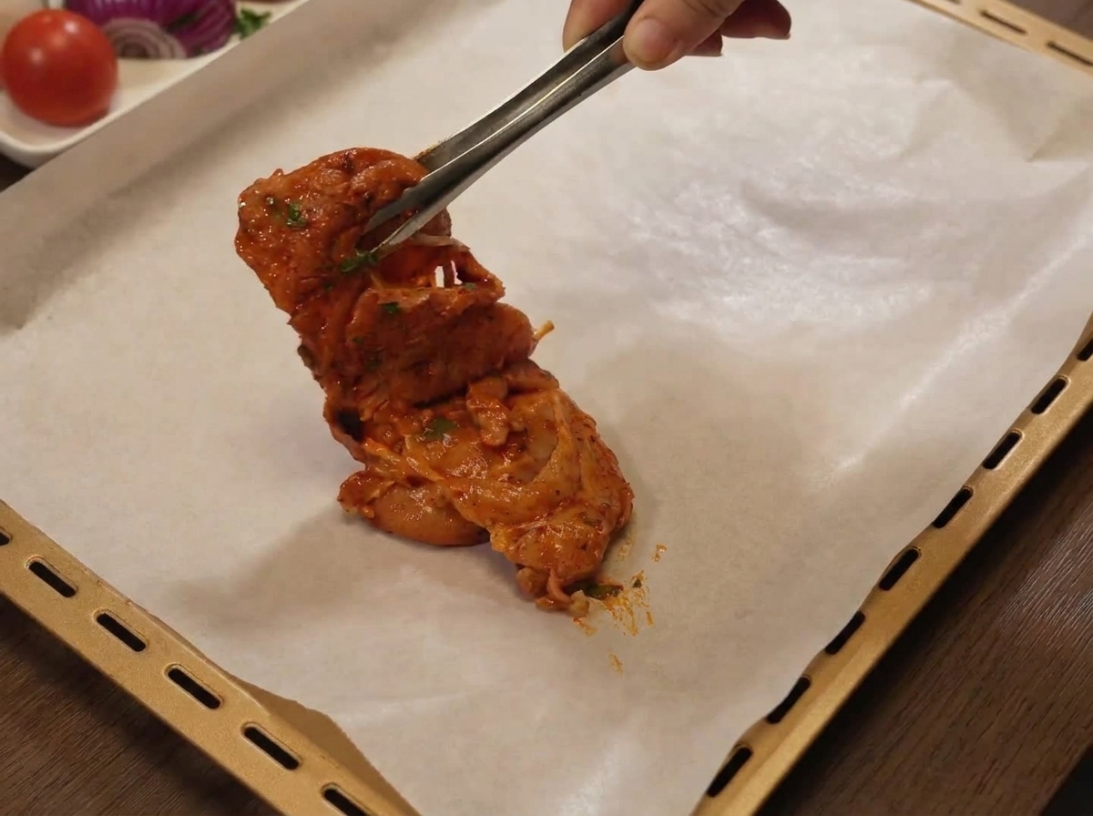 Morceaux de poulet marinés déposés sur une plaque recouverte de papier cuisson.