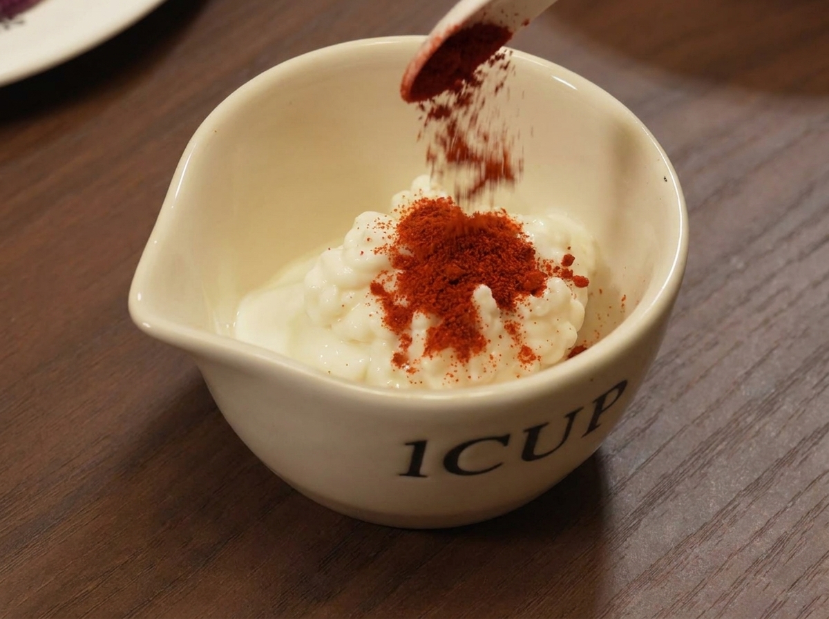 Sauce onctueuse mélangée à la cuillère dans un petit bol blanc.
