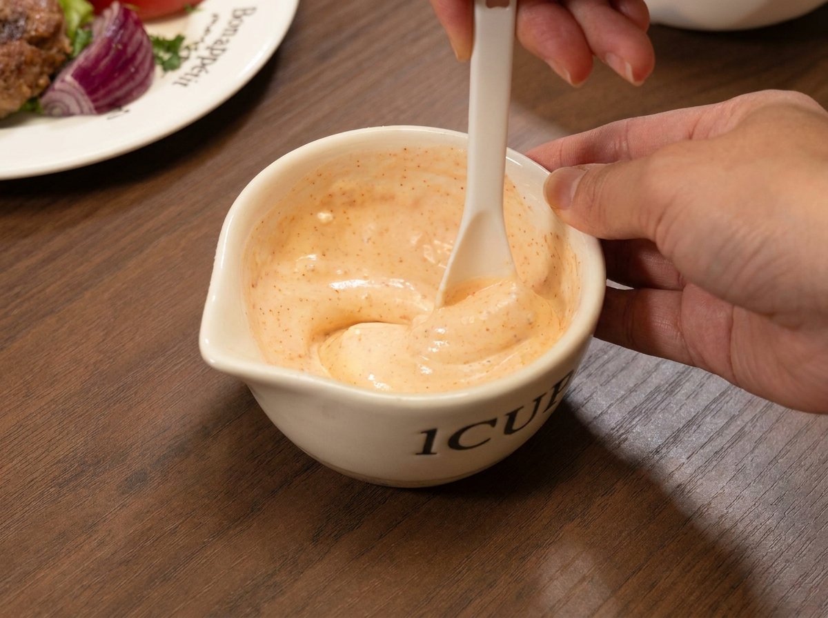 Étaler de la sauce crémeuse sur un pain à burger toasté avec une spatule.