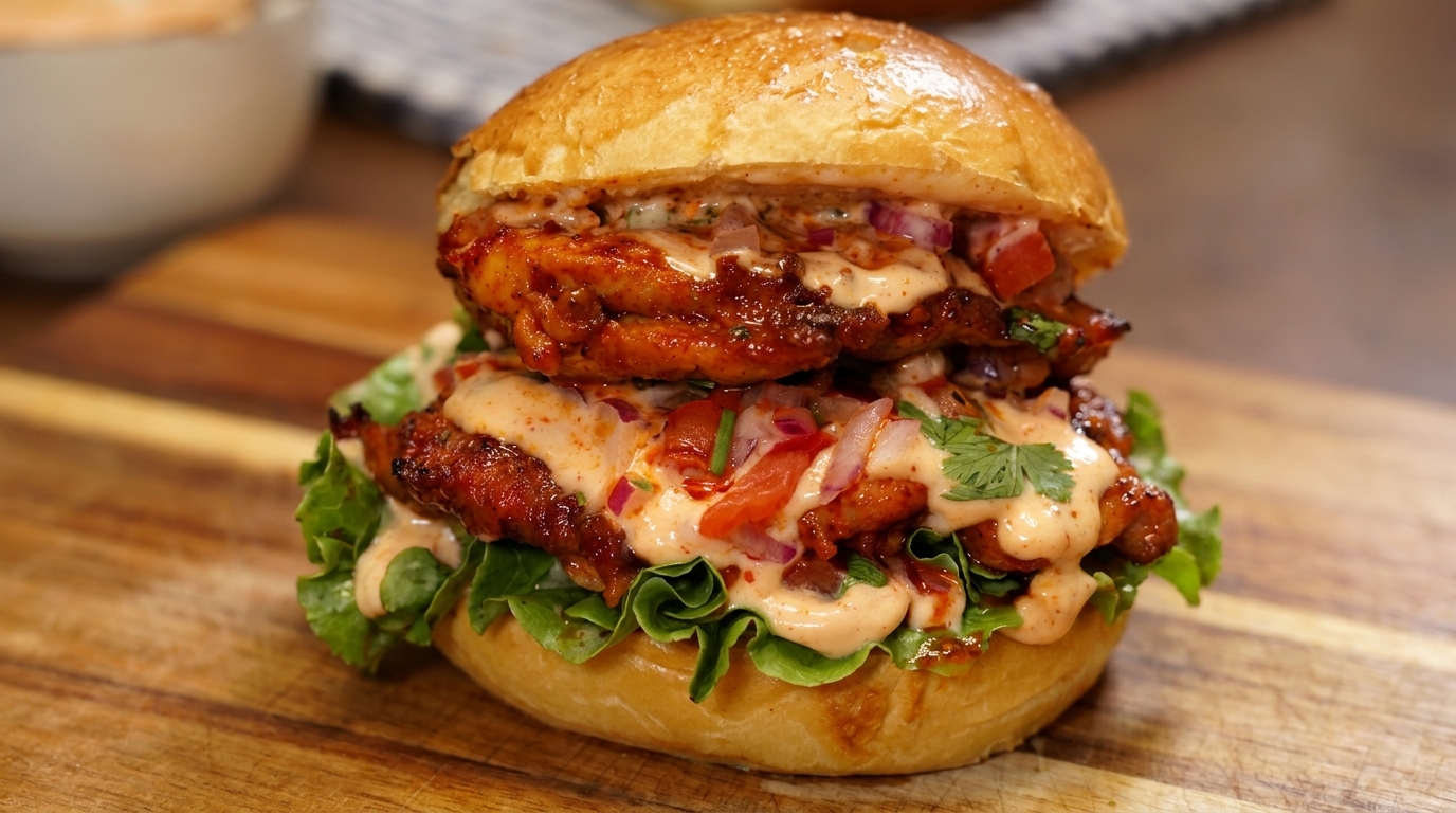 Un généreux burger mexicain double étage au poulet grillé épicé, agrémenté de salsa fraîche et de sauce crémeuse.