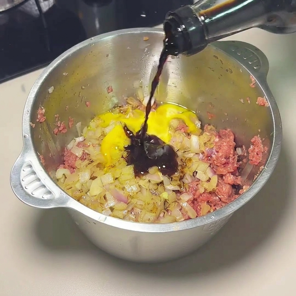 Sauce soja noire versée dans un bol en métal contenant du bœuf haché cru, des oignons, un œuf et des assaisonnements.