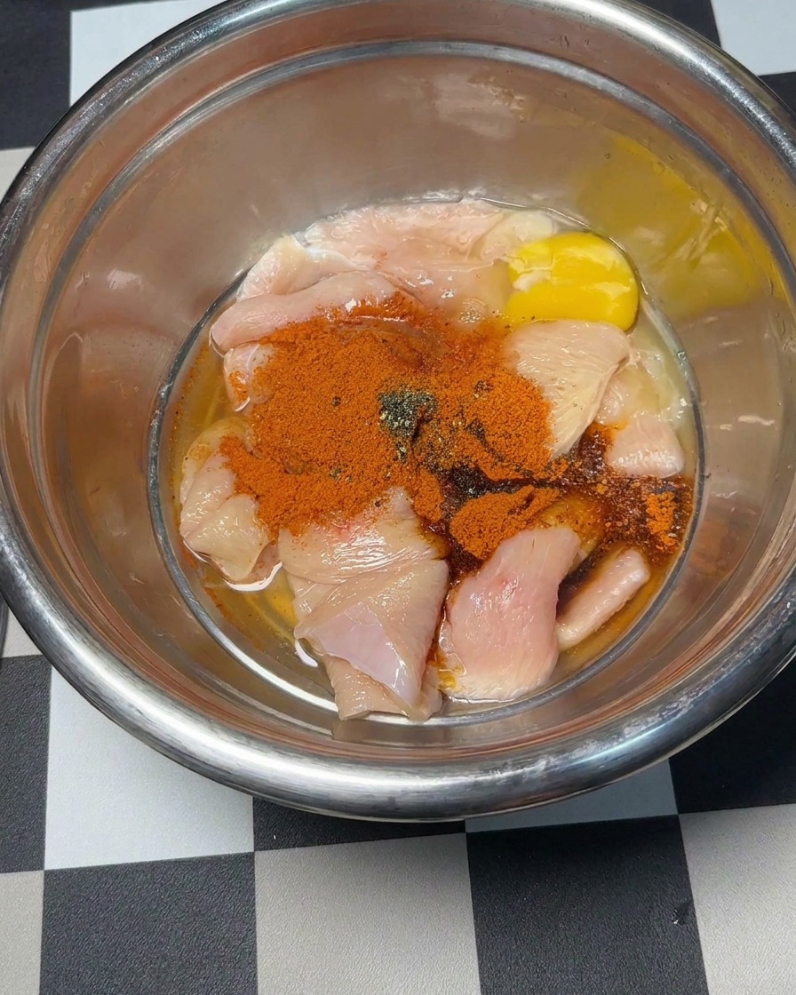 Un œuf cru ajouté dans le bol avec le poulet assaisonné.