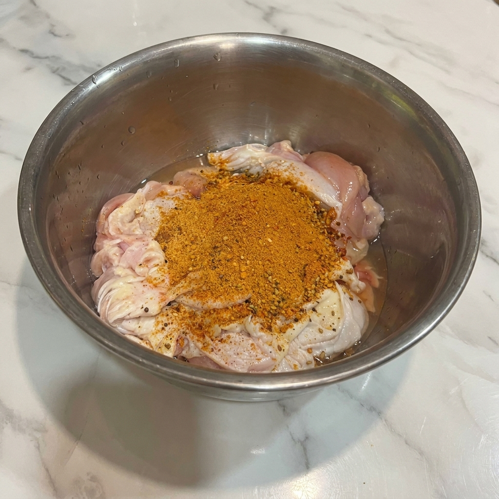 Hauts de cuisse de poulet crus épongés avec du papier absorbant.