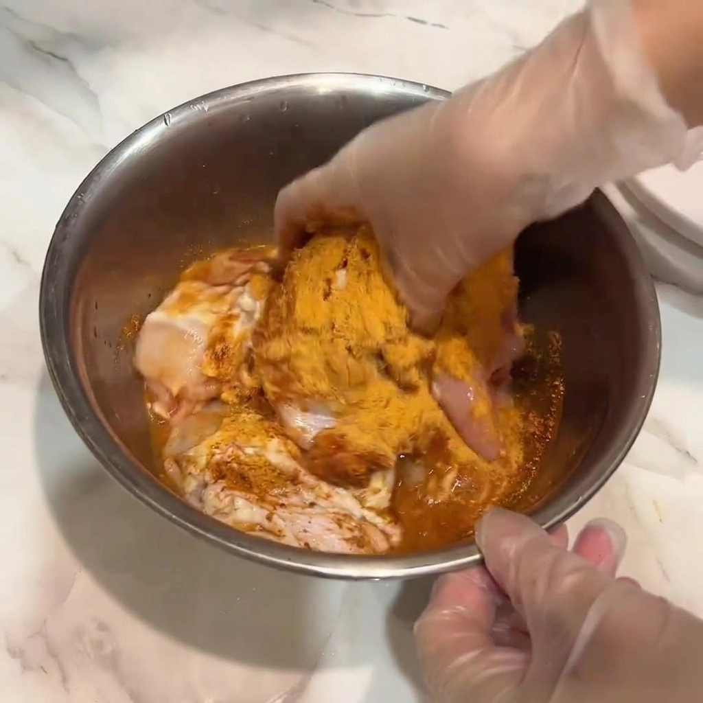 Mains gantées mélangeant le poulet avec la marinade rouge.