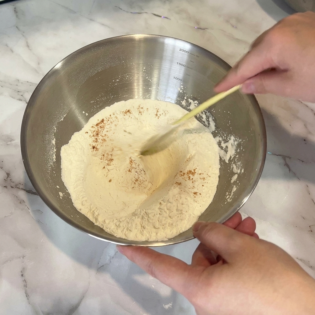 Une spatule mélangeant une pâte fluide dans un bol en inox.