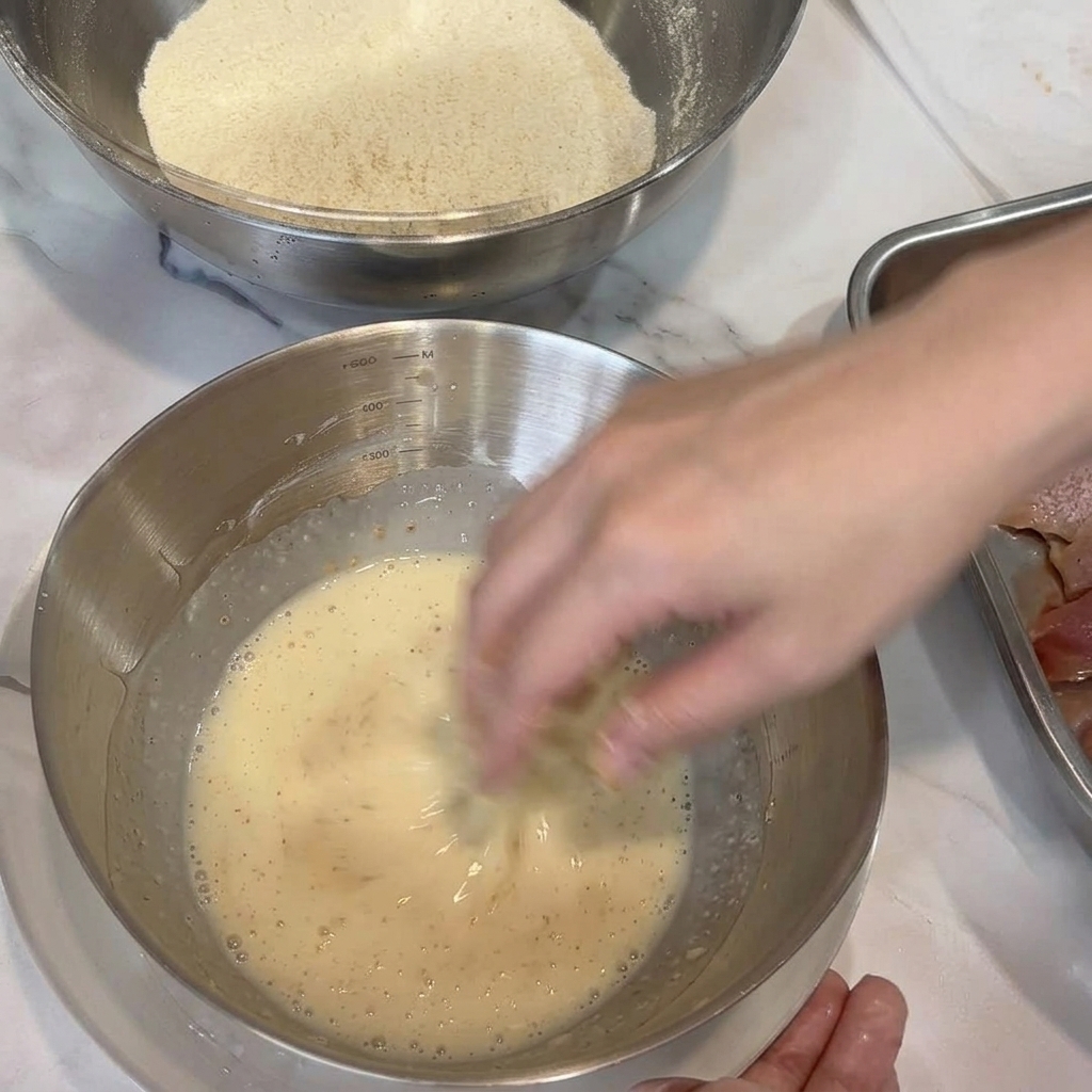 Main trempant un morceau de poulet dans la panure liquide.