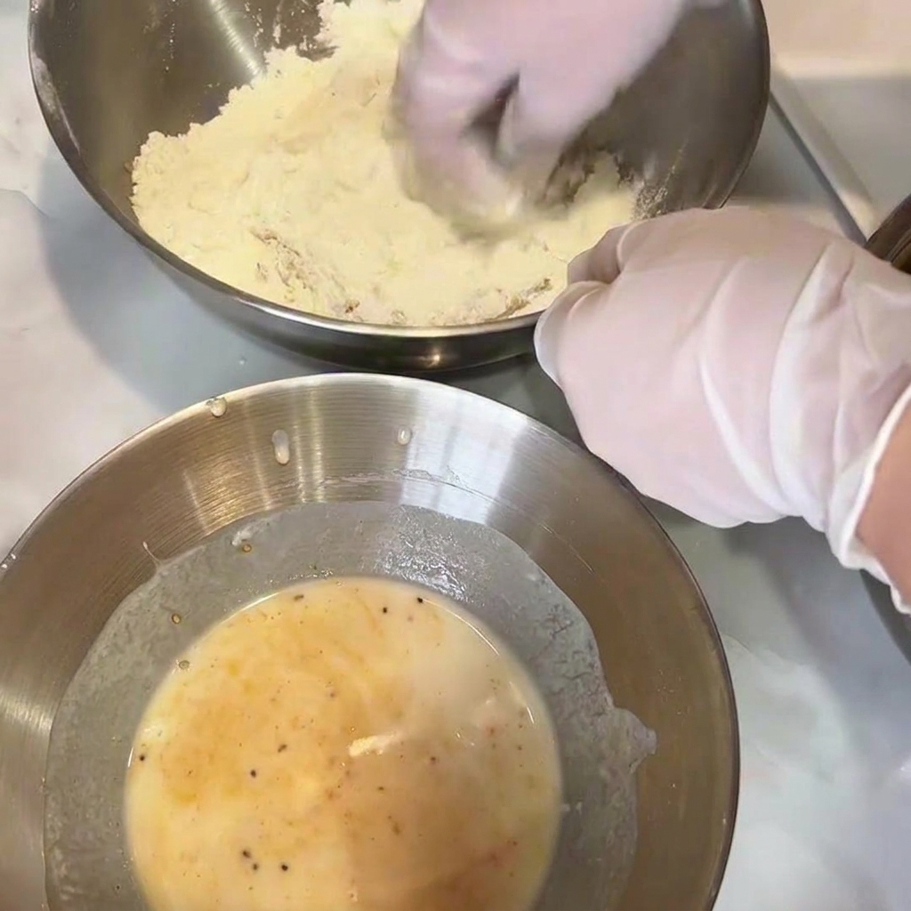 Mains gantées mélangeant le poulet dans de la farine.