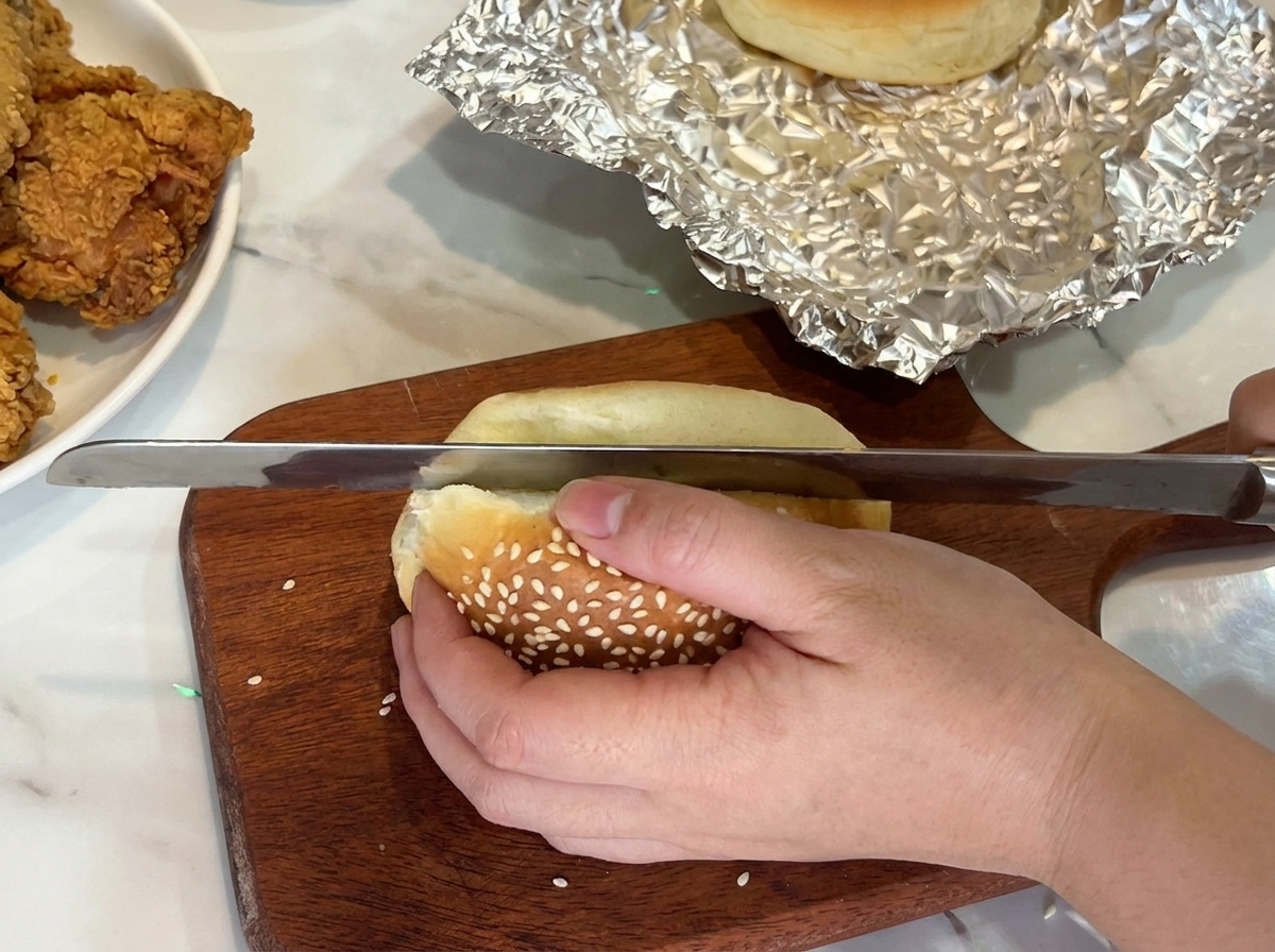 Coupe dun pain burger au sésame sur une planche en bois.