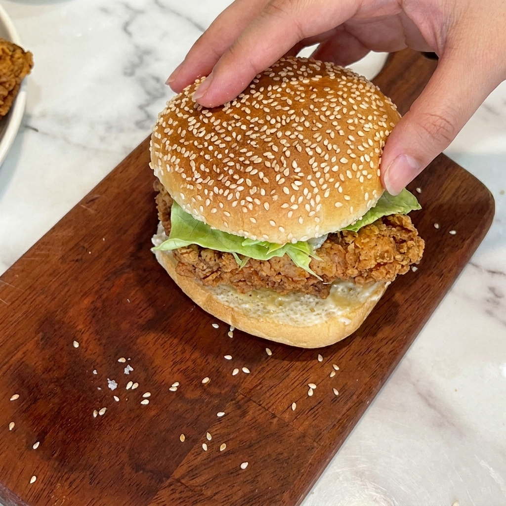 Pose du chapeau du pain sur le burger assemblé.