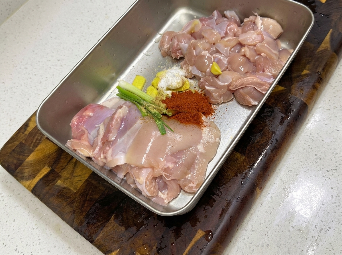 Poulet découpé dans un plateau métallique avec aromates et épices.