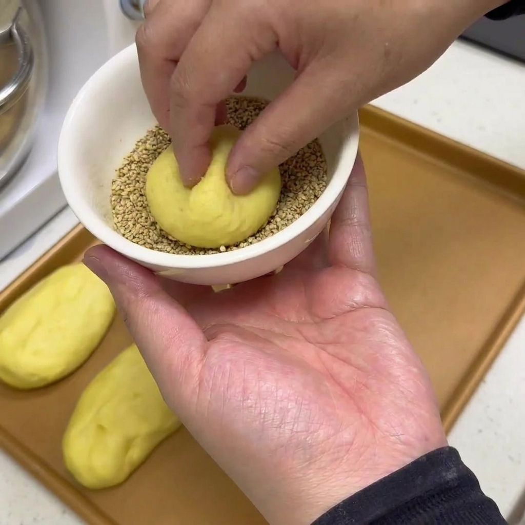 Le dessus dune boule de pâte pressé dans un bol de graines de sésame.