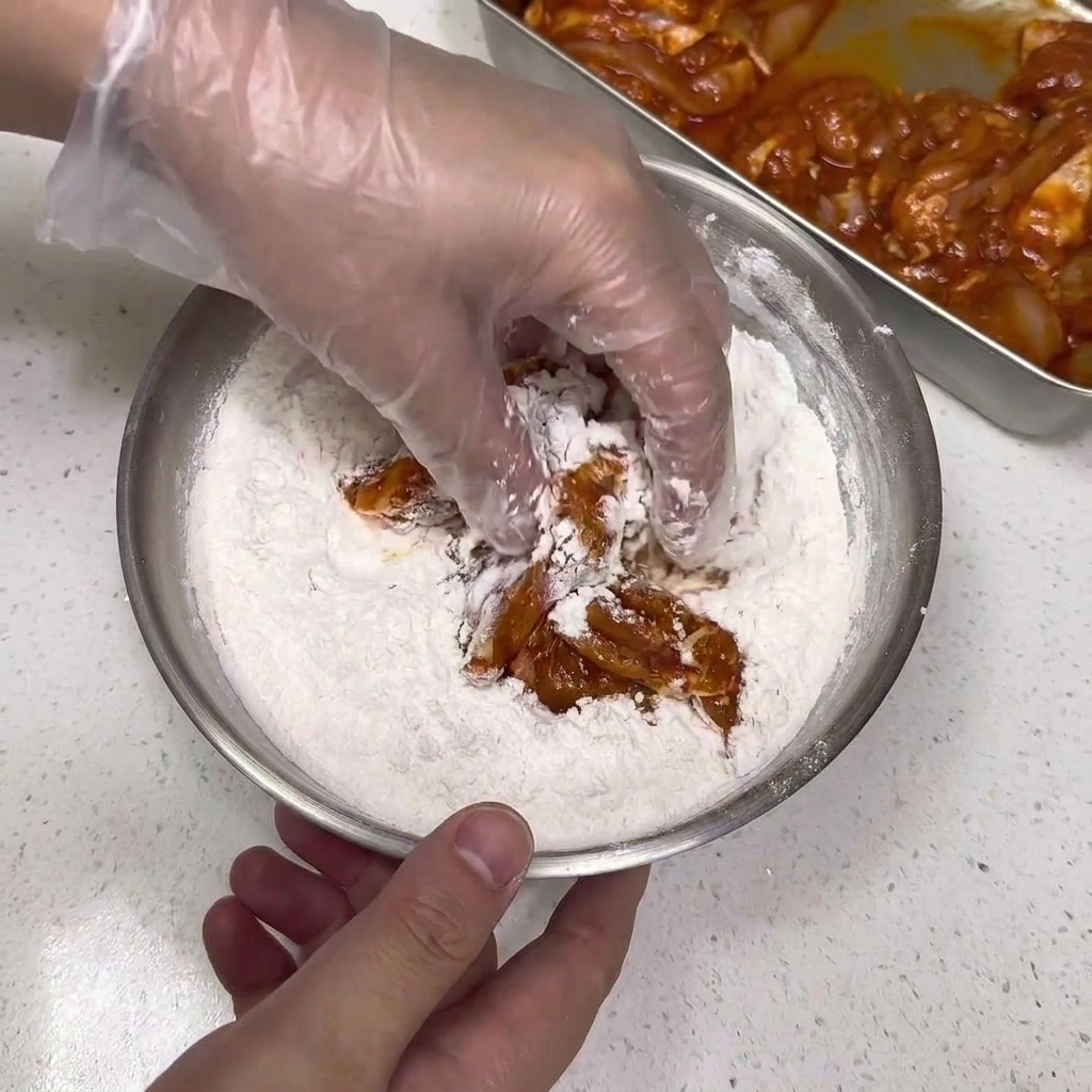 Poulet mariné enrobé de farine assaisonnée dans un bol.