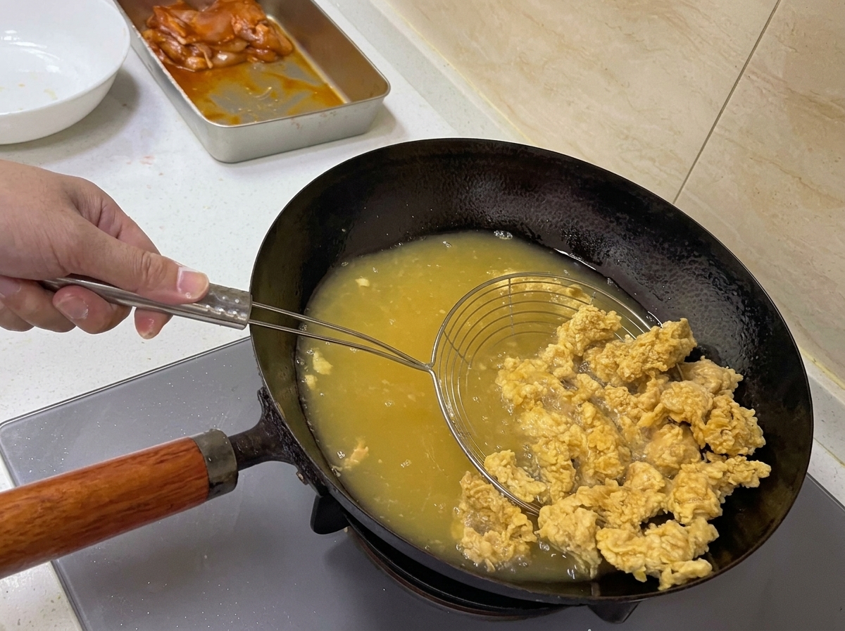 Main utilisant une écumoire pour retirer le poulet doré du wok.