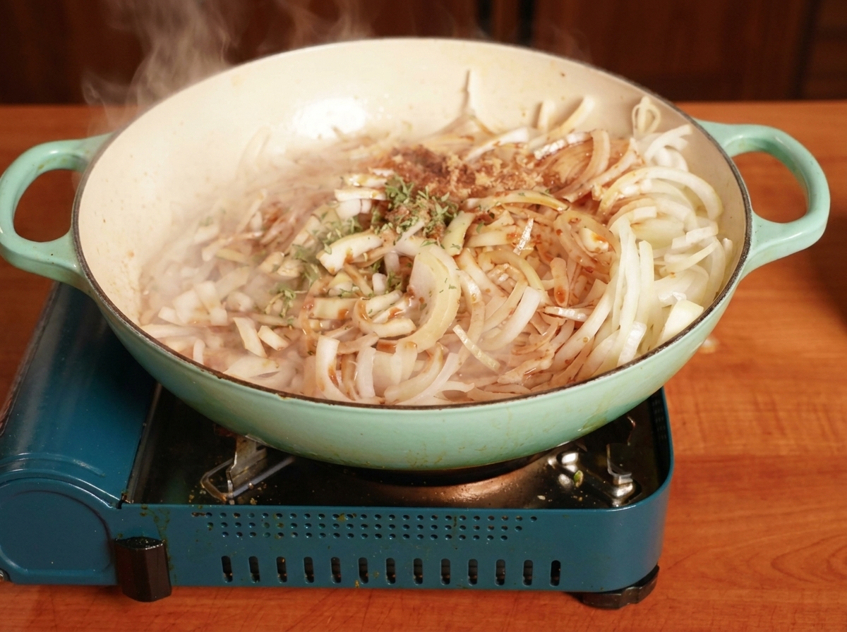Oignons blancs émincés sautant dans une poêle avec des herbes et des assaisonnements.