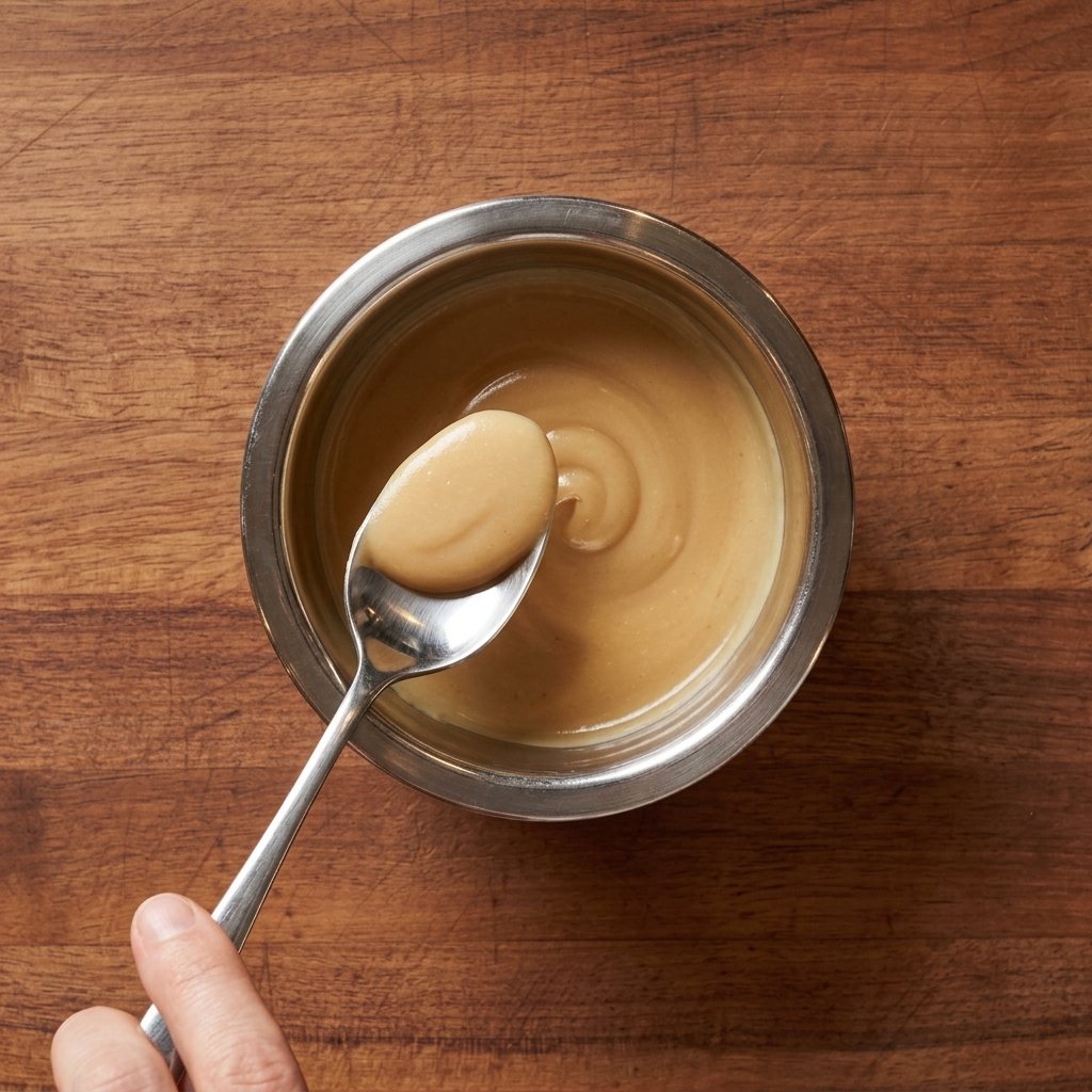 Une sauce blanche crémeuse étant mélangée dans un petit bol métallique avec une cuillère.