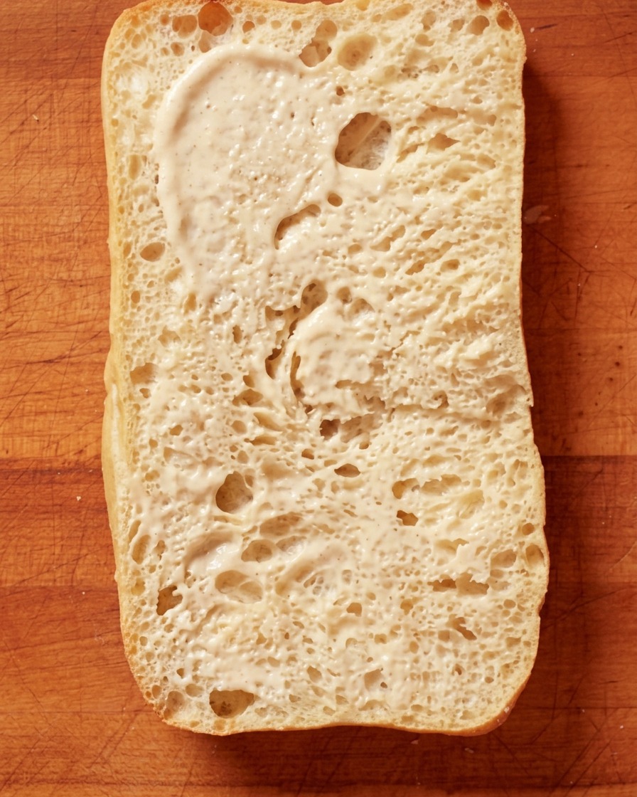Sauce blanche crémeuse étalée sur une tranche de pain ciabatta toasté.