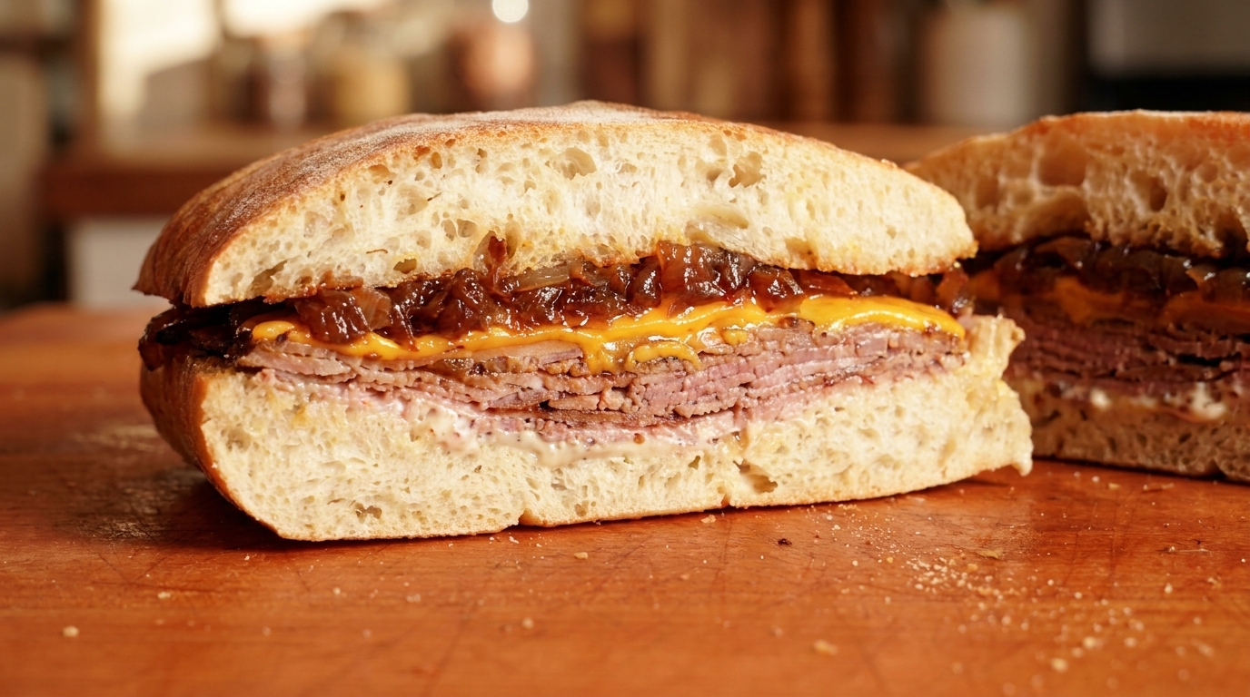 Sandwich au roast beef et oignons caramélisés, star du web