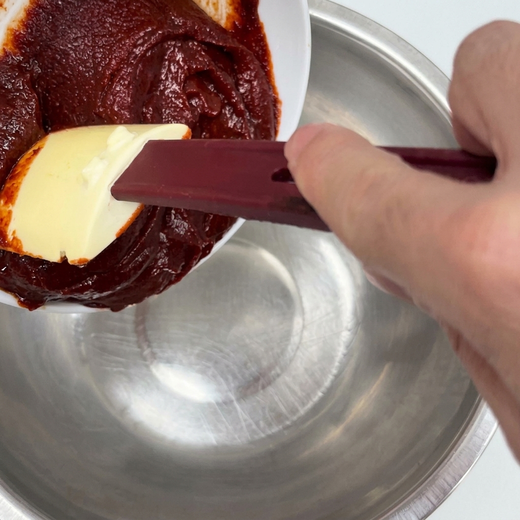 Pâte de piment coréenne dans un bol à mélanger en acier inoxydable.