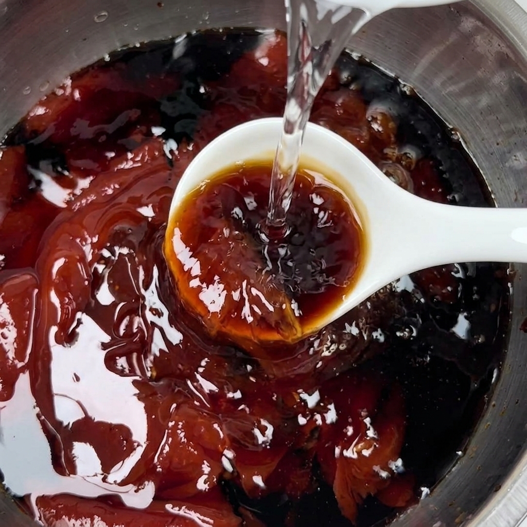 De leau claire versée dans une sauce sombre et riche dans un bol à mélanger.