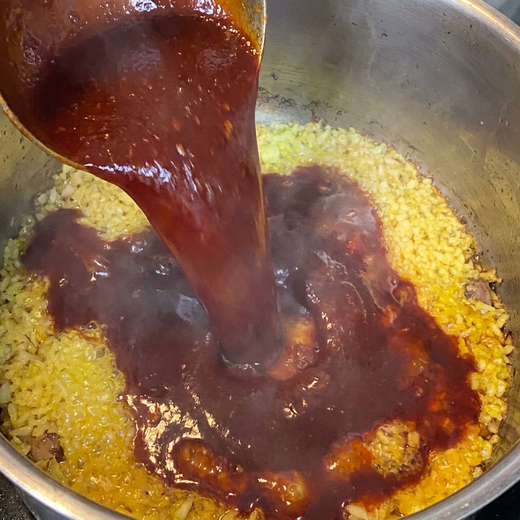 Une sauce riche et sombre versée dans la poêle avec lail sauté.