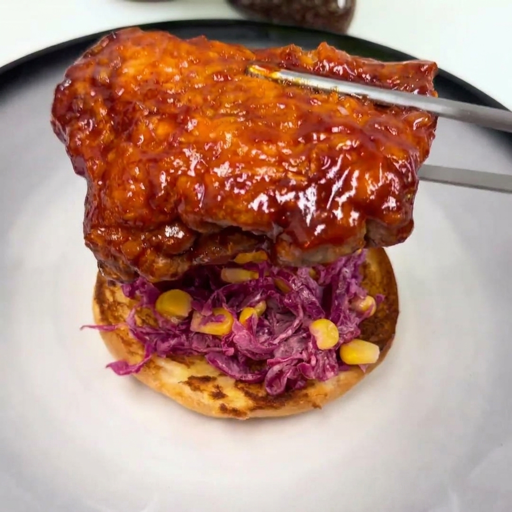 Un morceau de cuisse de poulet frit superposé sur une salade de chou rouge et de maïs sur un pain à burger.