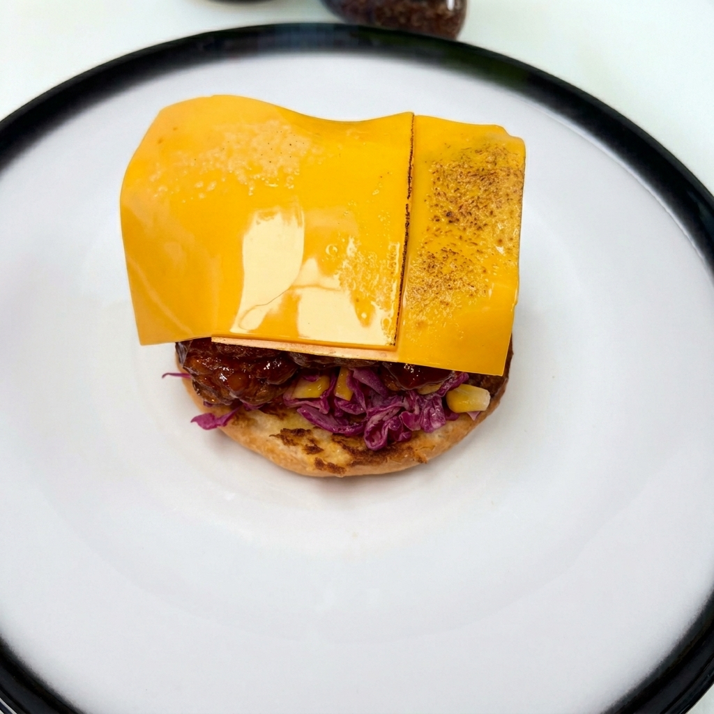 Une tranche de fromage fondant sur la galette de poulet sous la flamme dun chalumeau de cuisine.