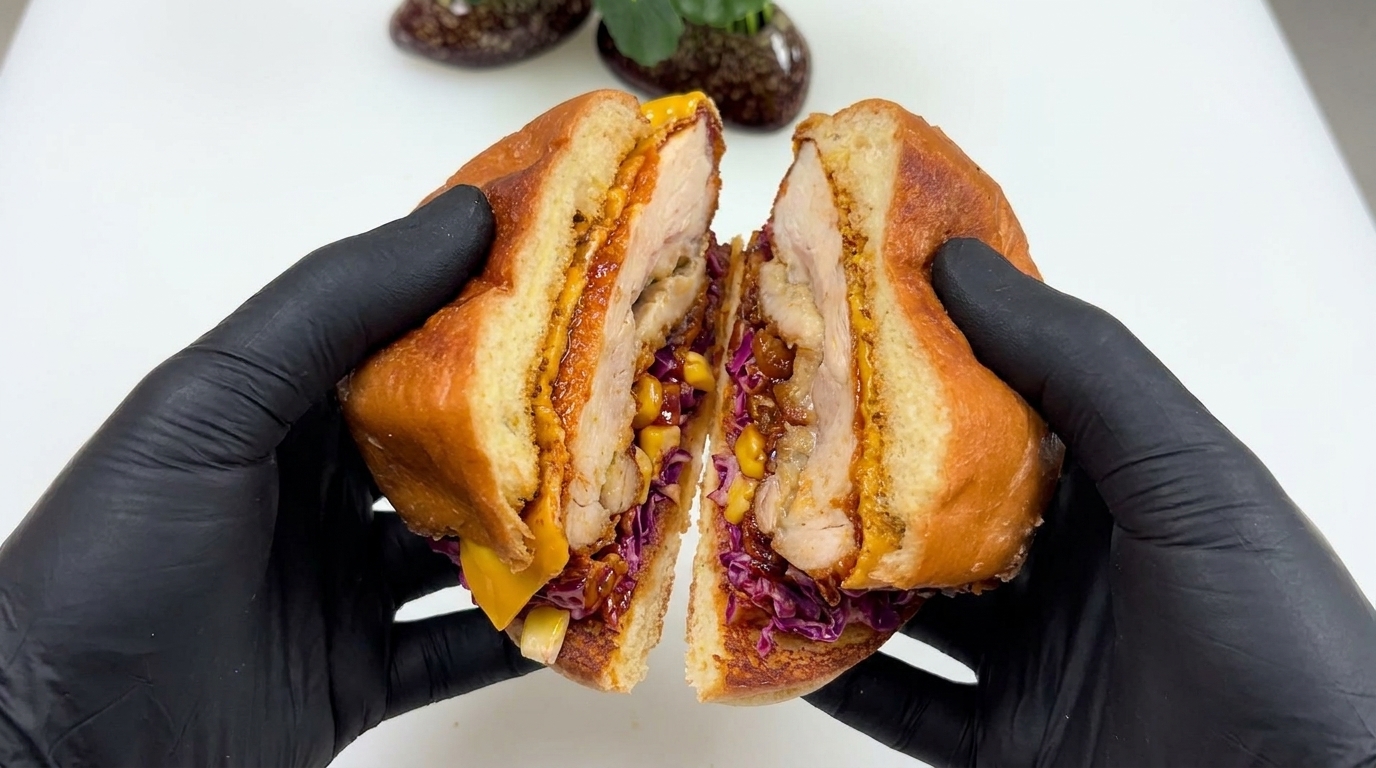 Coupe transversale dun burger de poulet frit à la coréenne mettant en valeur un glaçage brillant au gochujang, du fromage fondu et une salade de chou croquante.