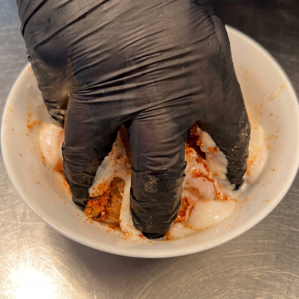 Mains massant le yaourt et les épices dans le poulet.