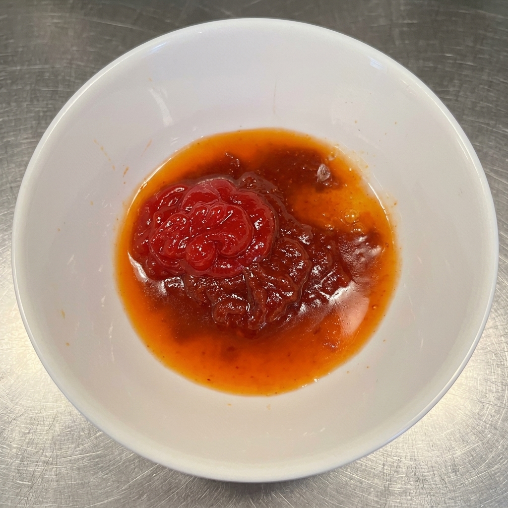 Mélange de sauce chili, ketchup, ail haché et piment dans un petit bol.
