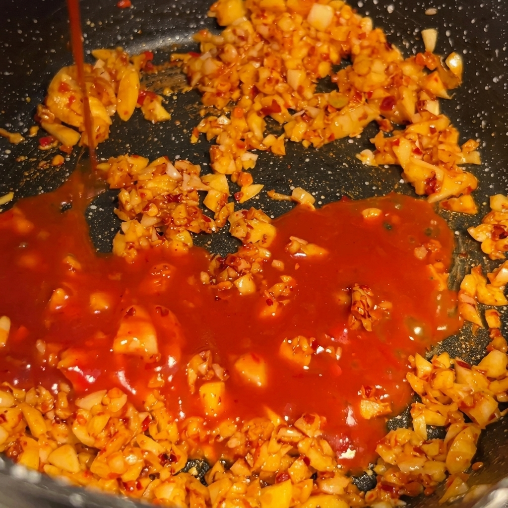 La pâte de chili versée dans la poêle avec lail, prête à être mélangée à la crème.