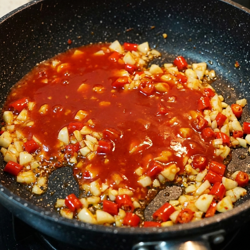 La crème liquide ajoutée à la base de sauce chili frémissante.