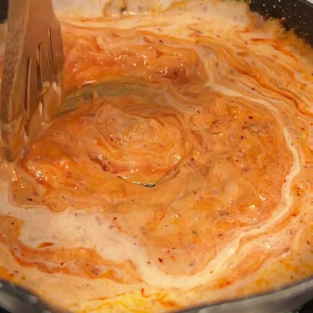 Sauce orange crémeuse remuée avec une cuillère en bois.
