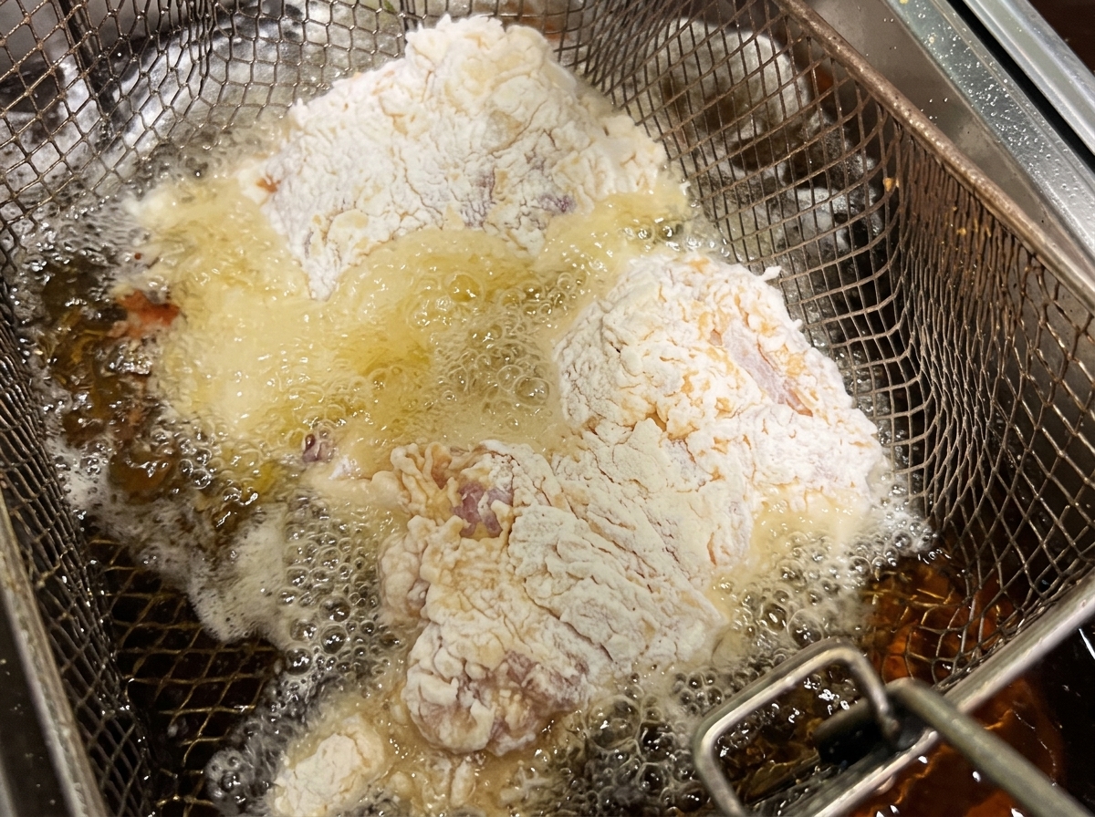 Morceaux de poulet plongés dans une friteuse bouillonnante.