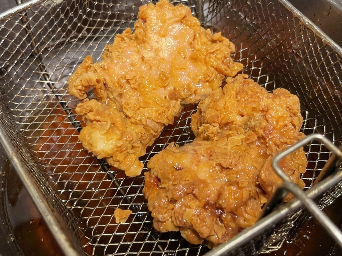 Poulet frit croustillant égoutté dans un panier métallique.
