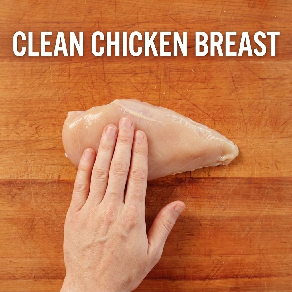 Blancs de poulet frais en cours de découpe sur une planche à découper en bois.