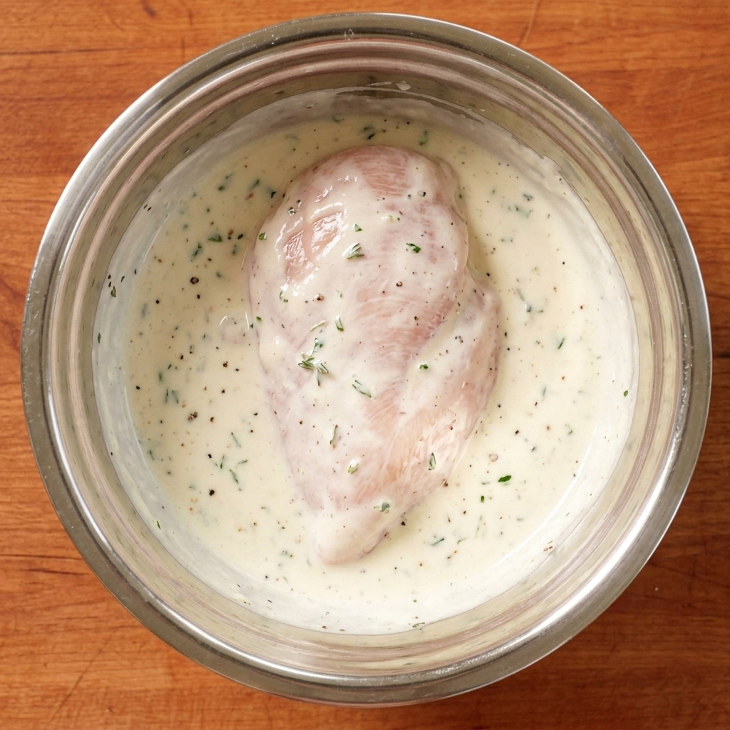 Morceaux de poulet trempant dans une marinade laiteuse épicée dans un bol.
