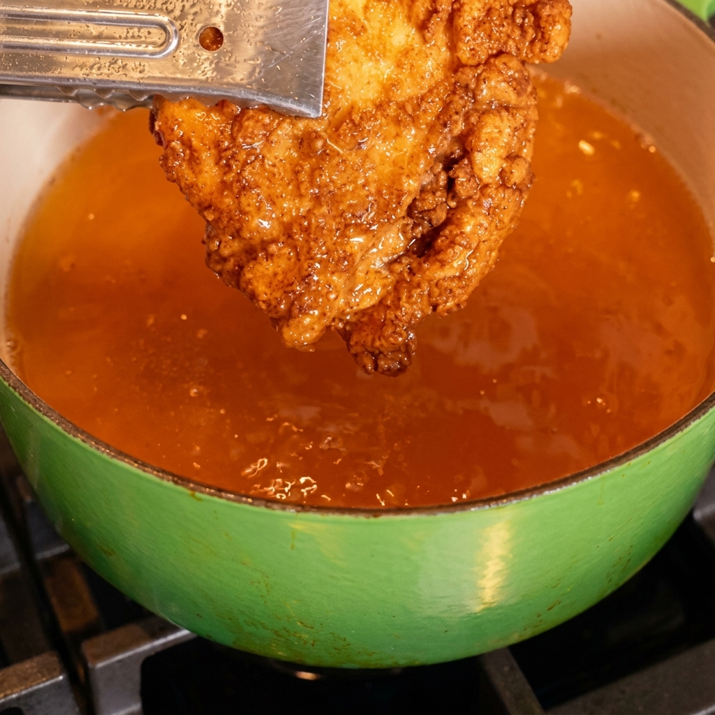 Un filet de poulet frit doré plongé dans un bol de sauce rouge riche.