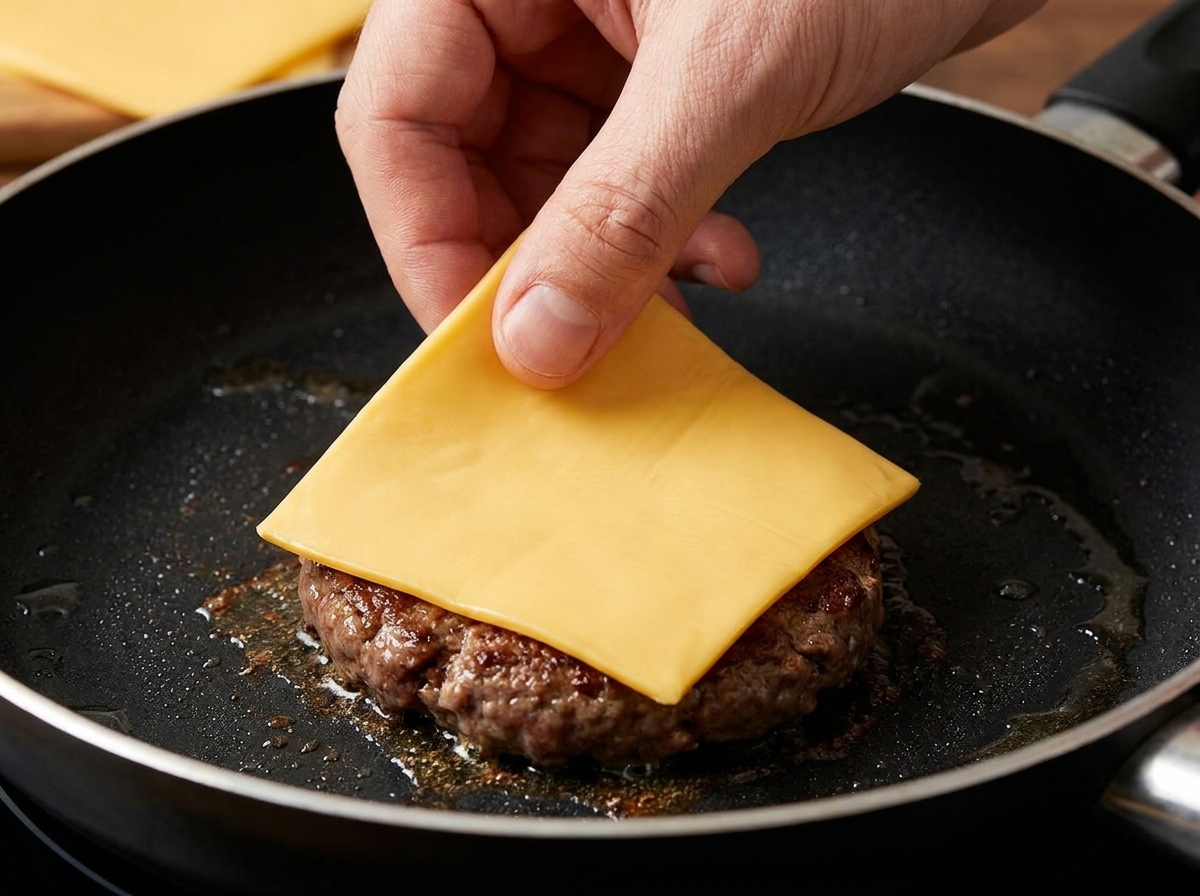 Un steak haché de bœuf cru et bien rond déposé dans une poêle chaude.