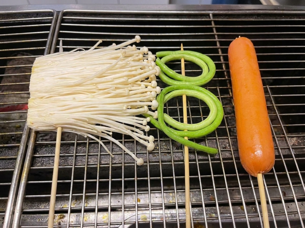 Champignons enoki, ciboulette à lail et une saucisse cuisant sur une grille de barbecue.