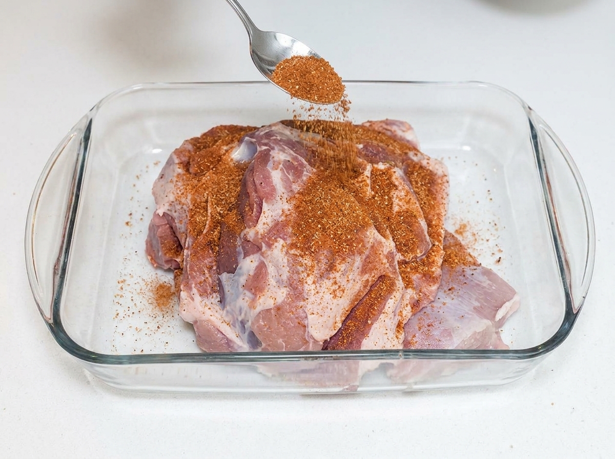 Mélange dépices saupoudré sur une échine de porc crue dans un plat en verre.