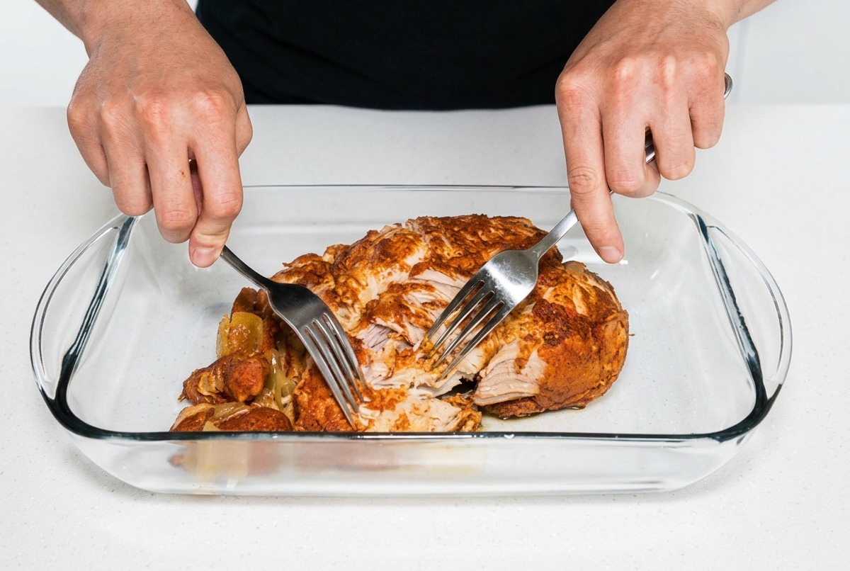 Porc cuit effiloché dans un plat en verre à laide de deux fourchettes en métal.