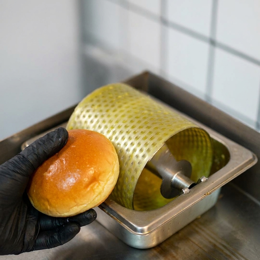 Moitiés de pain brioché toastées et bien dorées sur une plancha chaude.