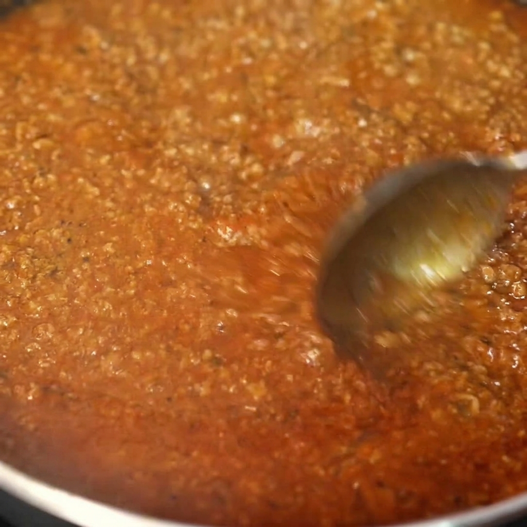 Une généreuse louche de sauce chili mexicaine à la viande versée sur le steak haché.