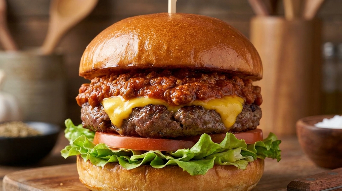 Un burger mexicain gourmet au bœuf, garni dune savoureuse sauce chili à la viande et de fromage fondu.
