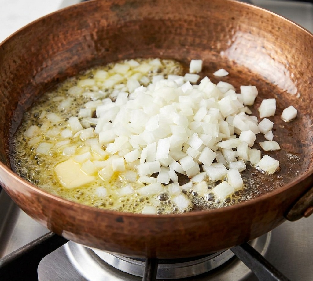Oignons hachés cuisant dans une poêle en cuivre avec du beurre fondu.