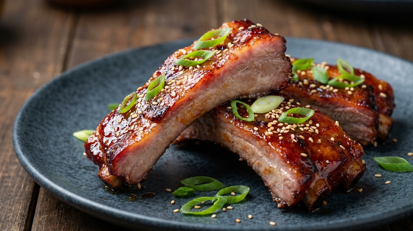 Travers de porc Char Siu fumés avec un glaçage brillant brun-rouge, parsemés de graines de sésame grillées et doignons verts frais.