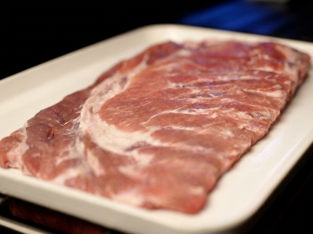 Un carré de travers de porc frais et cru posé sur un plateau blanc avant lassaisonnement.
