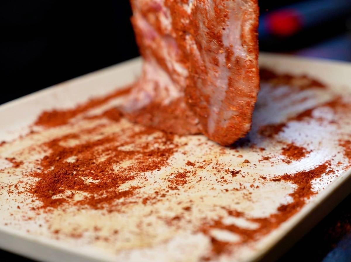 Un morceau de porc généreusement recouvert dun mélange dépices rouge soulevé dun plateau blanc.