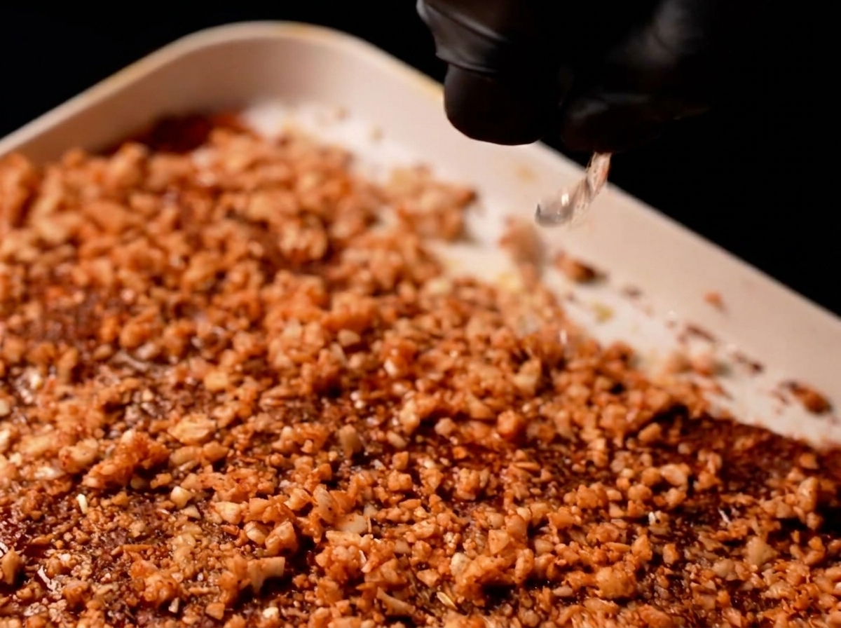 Un filet de liquide clair versé par des doigts gantés sur les travers de porc à lail.